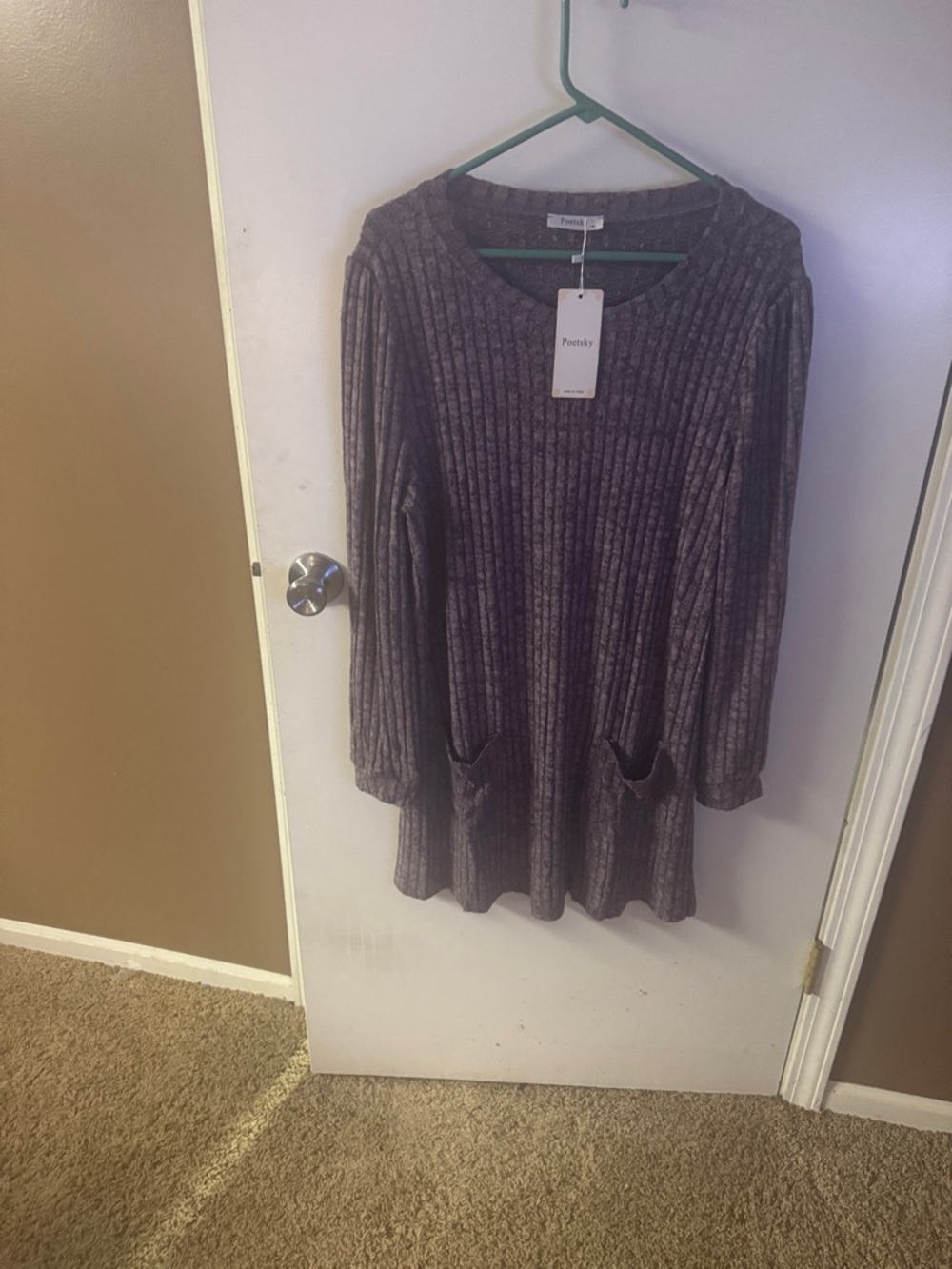 Women's Ribbed Scoop Neck Sweater Dress in Heather Gray with purple